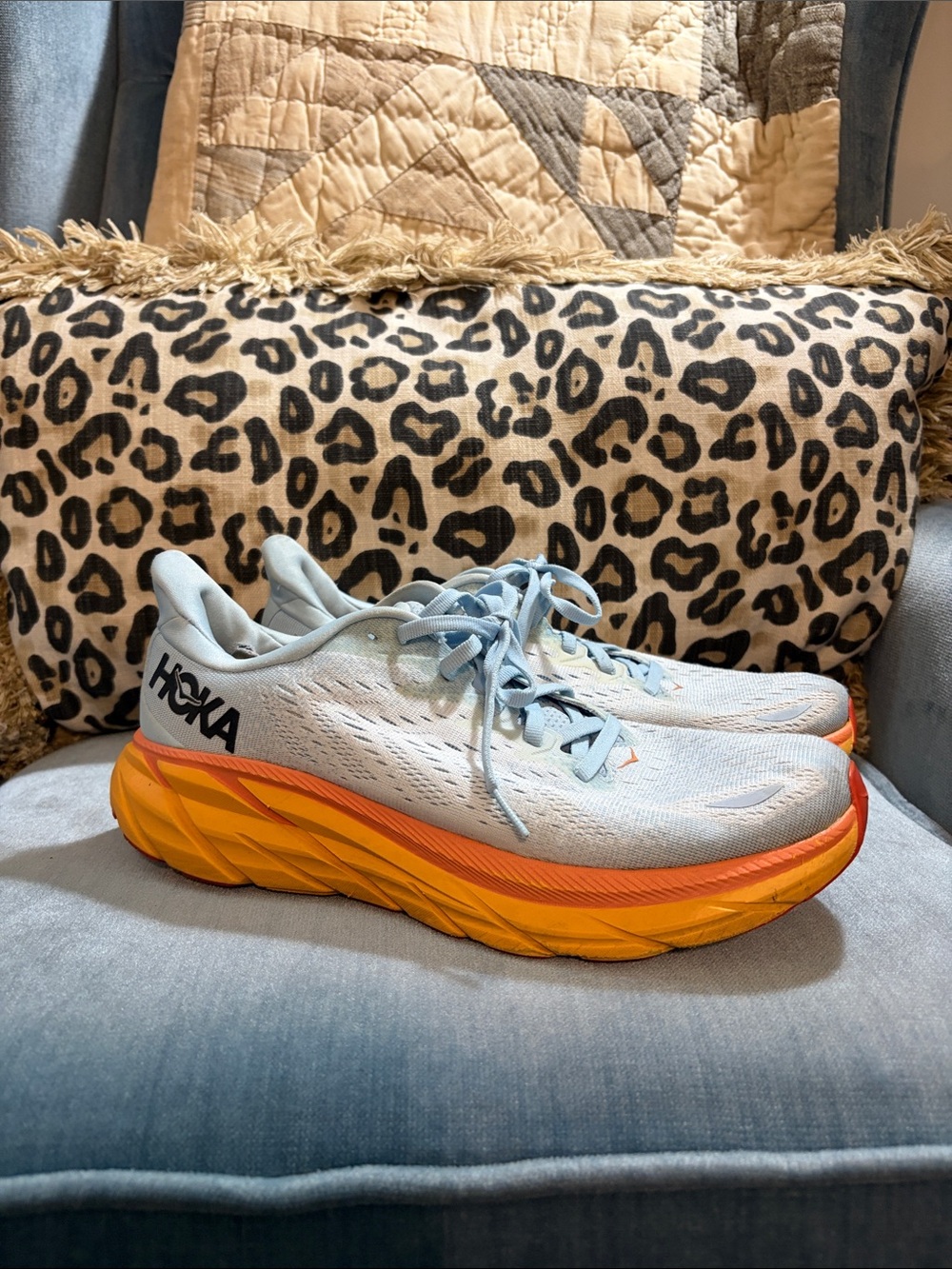 Hoka Clifton 8 Light Blue and Orange Women's Running Shoes